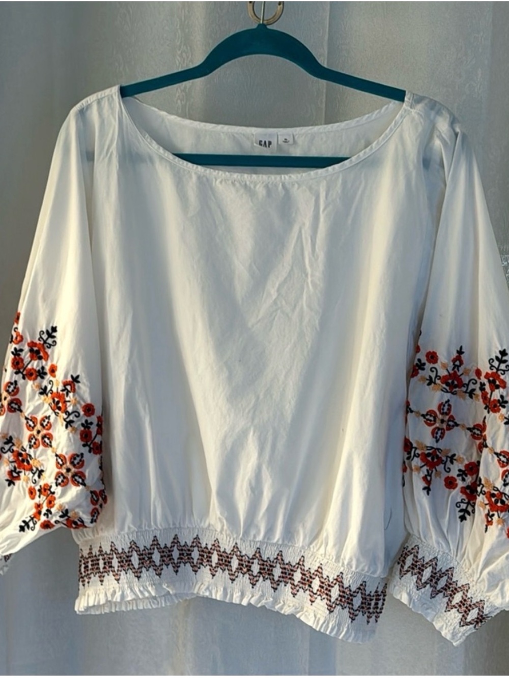 GAP White Peasant Blouse with Orange & Black Floral Embroidery XL
